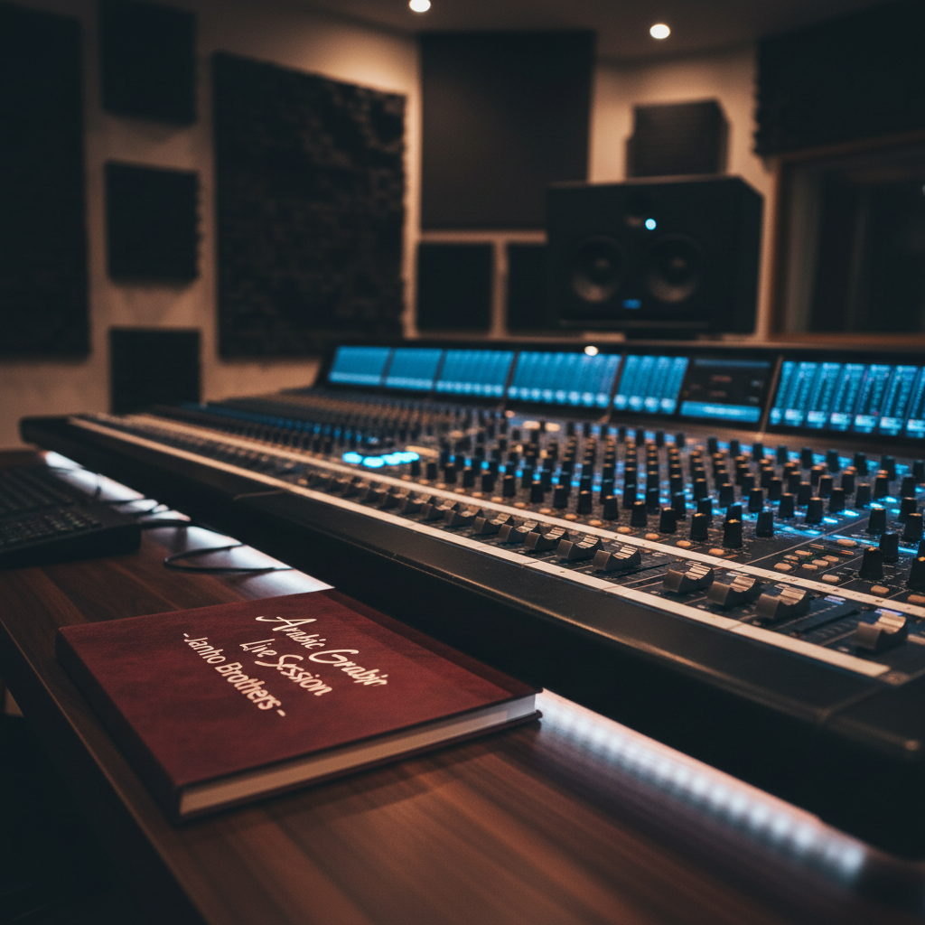 A close-up of a professional studio control room focused on a high-end digital mixing console, its illuminated faders and knobs glowing in rich blues and ambers. Beside it lies a neatly labeled session notebook with "Arabic Live Session – Janho Brothers" printed on the cover. The console sits on a dark walnut desk, with acoustic foam panels and a large studio monitor speaker subtly visible in the softly blurred background. Dim, warm overhead lighting and a gentle LED strip under the desk cast a refined, cinematic glow, emphasizing precision and expertise. Captured at eye level with a medium depth of field, the image conveys a serious, polished atmosphere and emphasizes professional Arabic music production and recording services in a contemporary, photographic style.