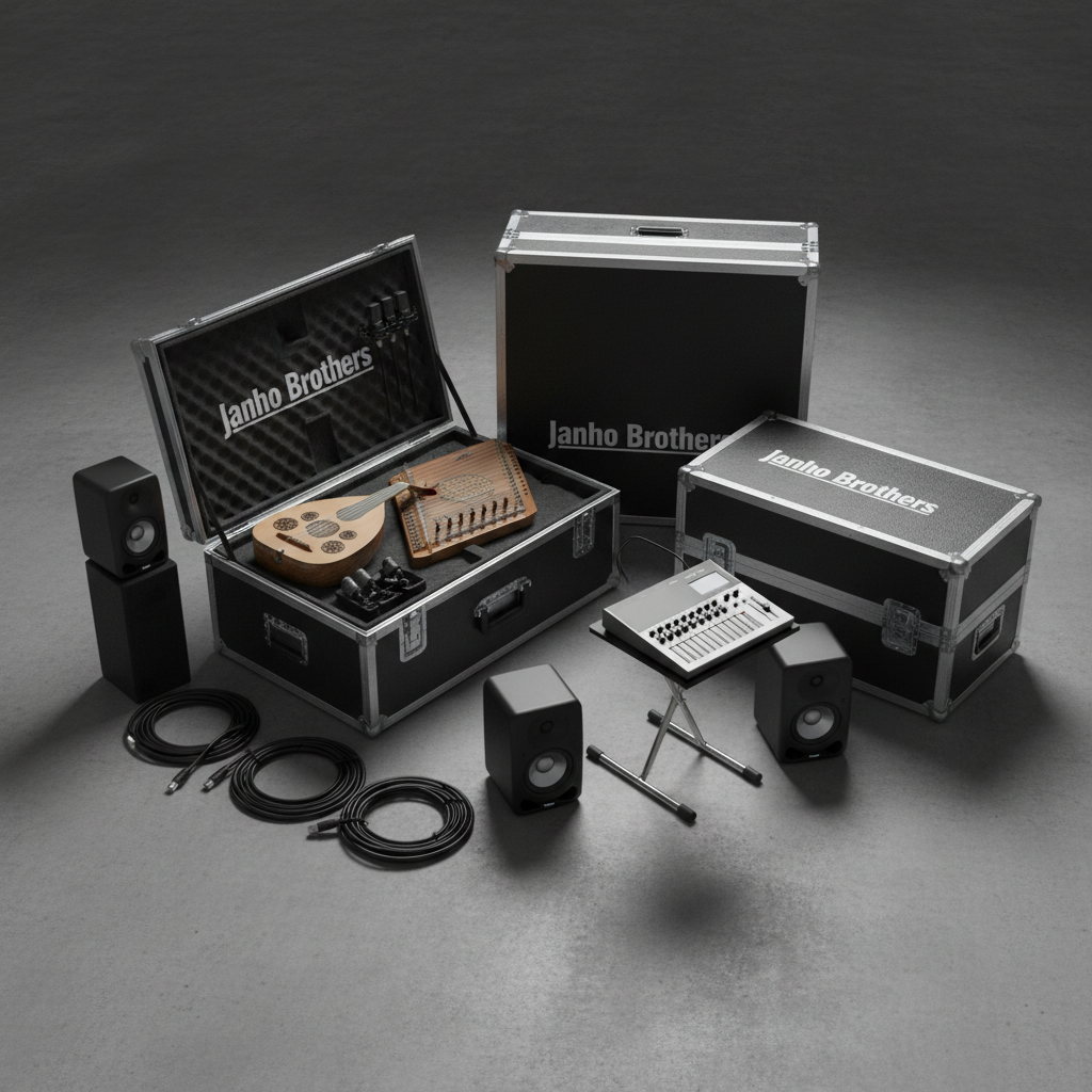 A sleek, travel-ready equipment setup for nationwide Arabic music events, laid out in an organized manner on a smooth concrete studio floor. Rugged black road cases with metal edges are labeled with "Janho Brothers" in clean white lettering, one open to reveal carefully padded compartments holding an oud, a qanun, and microphones. Coiled XLR cables, compact powered speakers, and a slim digital mixer are neatly arranged beside them. Overhead softbox lighting creates even, shadowed highlights on the cases and hardware, suggesting durability and professionalism. Shot from a slightly elevated, wide-angle perspective with sharp focus throughout, the photographic, modern aesthetic communicates mobility, reliability, and the readiness to deliver authentic Arabic live sound services anywhere in the United States.