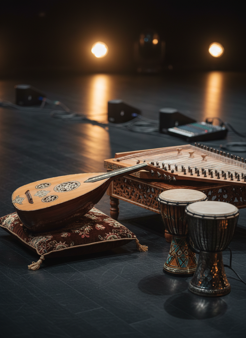 A meticulously arranged stage setup for an Arabic music event, featuring a polished wooden oud with intricate mother-of-pearl inlay, a gleaming qanun on a low stand, and a pair of richly textured darbuka drums. They rest on a dark, uncluttered stage with neatly coiled cables, compact speakers, and a discreet digital mixer in the background. Warm, golden stage lights from above and behind create soft highlights on the instruments and subtle reflections on the metal tuning pegs. The atmosphere feels professional yet inviting, with a shallow depth of field keeping the instruments in sharp focus while the background fades into a tasteful bokeh. Photographic realism, clean and modern, ideal for a California-based Arabic music services homepage hero image.