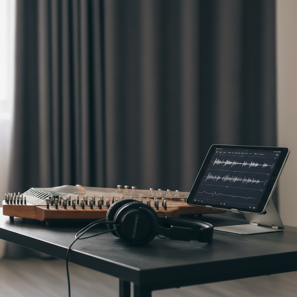 A refined composition of a beautifully finished qanun resting on a dark, matte rehearsal room table, its rows of gleaming metal levers and taut strings forming intricate geometric patterns. A professional over-ear studio headset lies beside it, and a tablet displaying a detailed waveform of an Arabic melody leans on a minimal stand. The background shows softly blurred acoustic curtains in a deep, neutral color. Soft, diffused natural light from an unseen window to the left gently illuminates the wood grain and metal details, creating an atmosphere that is calm, focused, and creative. Captured at a low, side angle with a shallow depth of field, the photographic realism and clean, contemporary style emphasize composition, arranging, and modern Arabic music production services.