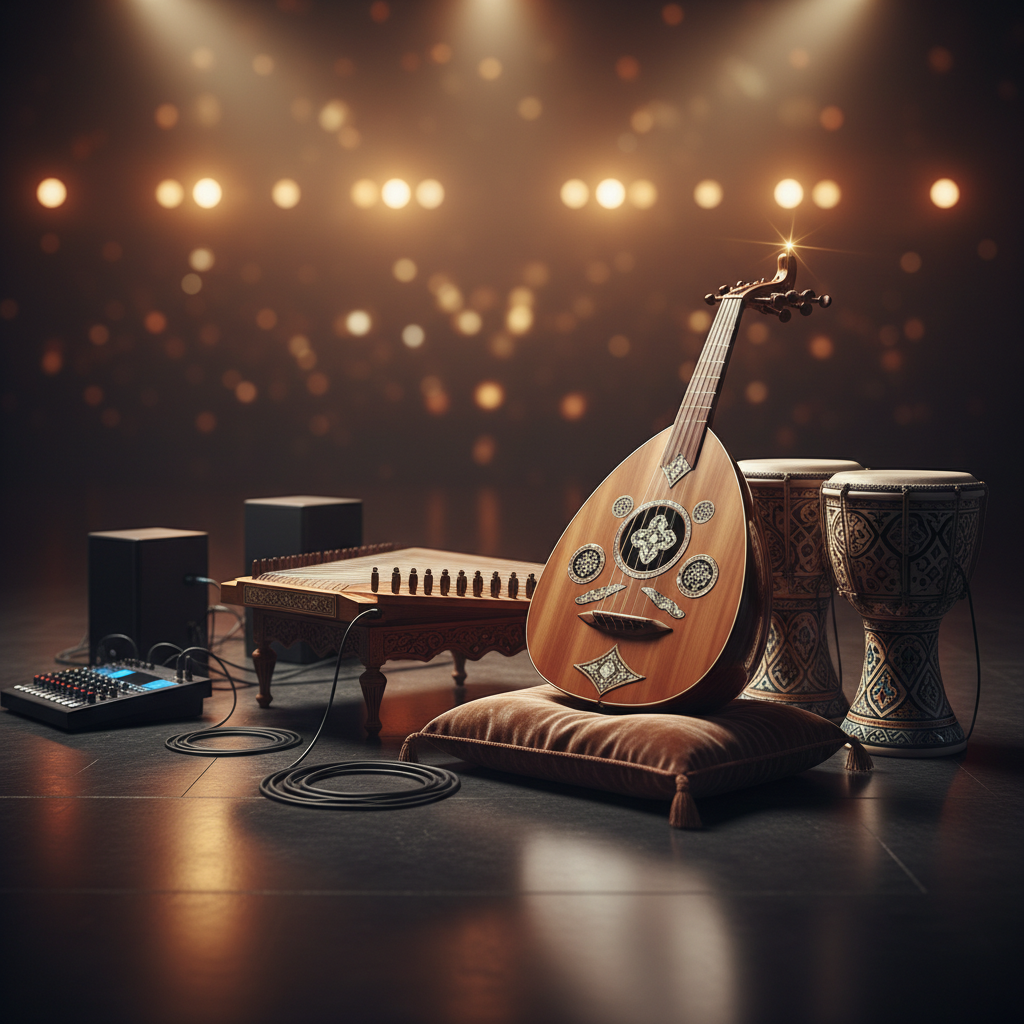 A meticulously arranged stage setup for an Arabic music event, featuring a polished wooden oud with intricate mother-of-pearl inlay, a gleaming qanun on a low stand, and a pair of richly textured darbuka drums. They rest on a dark, uncluttered stage with neatly coiled cables, compact speakers, and a discreet digital mixer in the background. Warm, golden stage lights from above and behind create soft highlights on the instruments and subtle reflections on the metal tuning pegs. The atmosphere feels professional yet inviting, with a shallow depth of field keeping the instruments in sharp focus while the background fades into a tasteful bokeh. Photographic realism, clean and modern, ideal for a California-based Arabic music services homepage hero image.
