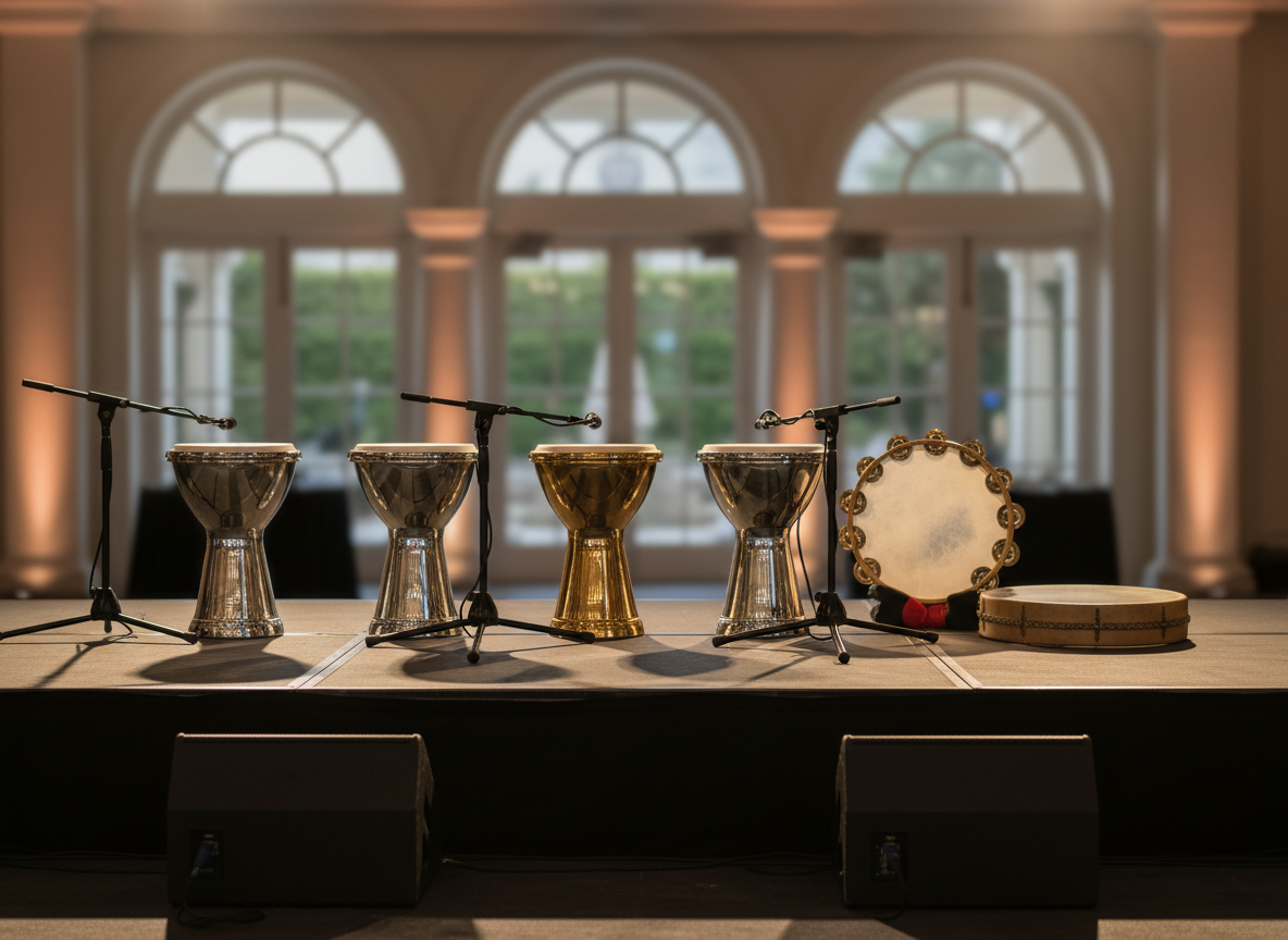 An elegant arrangement of traditional Arabic percussion instruments ready for an event performance: a row of darbukas with shimmering metallic shells, a large riq with ornate brass jingles, and a frame drum with a natural goatskin head. They are positioned on a low, black performance riser with neatly placed microphone stands and compact floor monitors nearby. The environment suggests an upscale California event venue, with a blurred backdrop hinting at tall windows and subtle architectural details. Soft, directional stage lighting in warm tones creates gentle highlights on the drum surfaces and expressive shadows on the riser. Shot from a slightly elevated angle with a balanced composition, the photographic realism and calm, professional mood emphasize readiness, reliability, and high-end sound services.